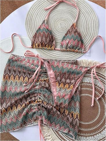 Women's 3 Pieces Swimwear Set Halter Boho Bikini with Drawstring Beach Skirt Bathing Suit in Saudi Arabia
