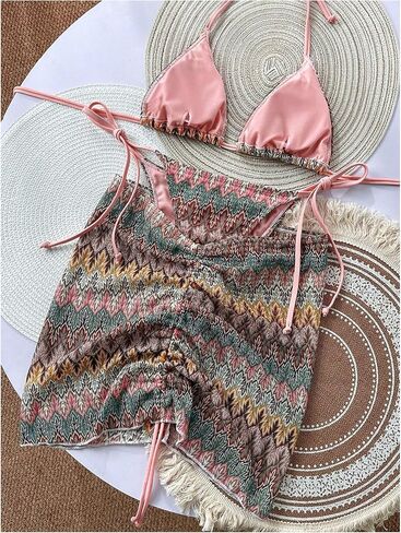 Women's 3 Pieces Swimwear Set Halter Boho Bikini with Drawstring Beach Skirt Bathing Suit in Saudi Arabia