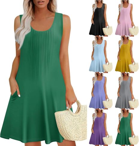 فساتين صيفية للنساء 2025 غير رسمي شاطئ U رقبة بلا أكمام Sundresses عتيقة فستان بوهو مع جيوب in Saudi Arabia