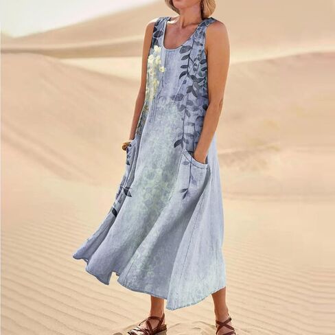 Summer Linen Dresses for Women 2025 Trendy Sleeveless Beach Vacation Travel Dress Casual Maxi Sun Dresses in Saudi Arabia