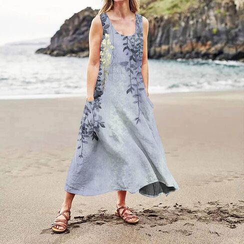 Summer Linen Dresses for Women 2025 Trendy Sleeveless Beach Vacation Travel Dress Casual Maxi Sun Dresses in Saudi Arabia