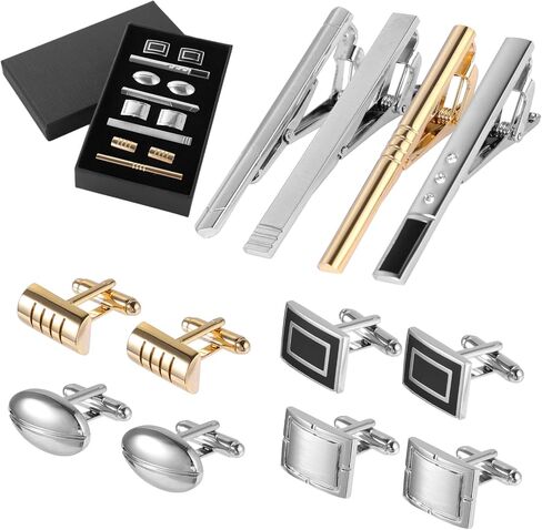 Tie Clips Cufflinks Set for Men, 4 Tie Clips & 4 Pairs Cufflinks, Silver and Golden Finish, Modern Styles, Robust Glossy Metal, Black Present Box Set for Father's Day, Valentine's, Birthday in Saudi Arabia