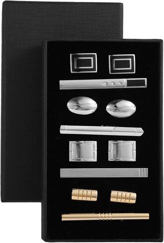 Tie Clips Cufflinks Set for Men, 4 Tie Clips & 4 Pairs Cufflinks, Silver and Golden Finish, Modern Styles, Robust Glossy Metal, Black Present Box Set for Father's Day, Valentine's, Birthday in Saudi Arabia