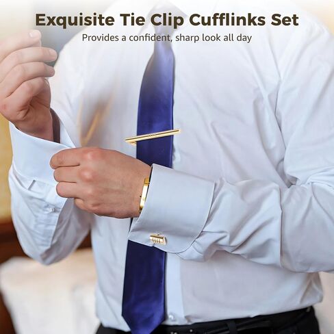 Tie Clips Cufflinks Set for Men, 4 Tie Clips & 4 Pairs Cufflinks, Silver and Golden Finish, Modern Styles, Robust Glossy Metal, Black Present Box Set for Father's Day, Valentine's, Birthday in Saudi Arabia