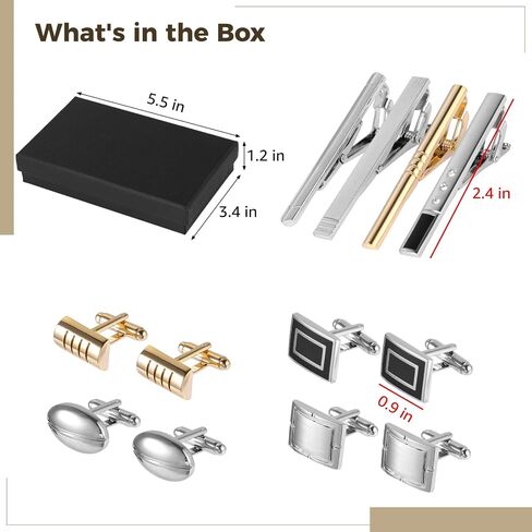 Tie Clips Cufflinks Set for Men, 4 Tie Clips & 4 Pairs Cufflinks, Silver and Golden Finish, Modern Styles, Robust Glossy Metal, Black Present Box Set for Father's Day, Valentine's, Birthday in Saudi Arabia