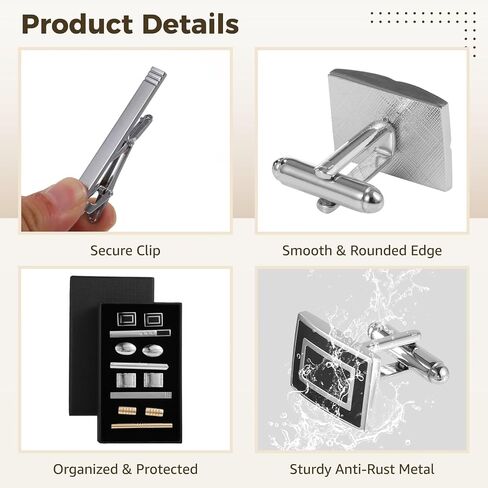 Tie Clips Cufflinks Set for Men, 4 Tie Clips & 4 Pairs Cufflinks, Silver and Golden Finish, Modern Styles, Robust Glossy Metal, Black Present Box Set for Father's Day, Valentine's, Birthday in Saudi Arabia