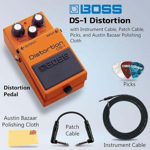 حزمة التشويه Boss DS-1 مع كابل الآلة، وكابل التصحيح، واللقطات، وقماش تلميع Austin Bazaar in Kuwait