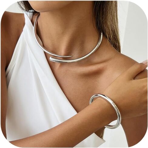 Chunky Gold Choker Necklace for Women With Bracelets, 18K Gold Plated Statement Teardrop Collar Silver Minimalist Fashion Accessories Jewelry Gifts in Kuwait