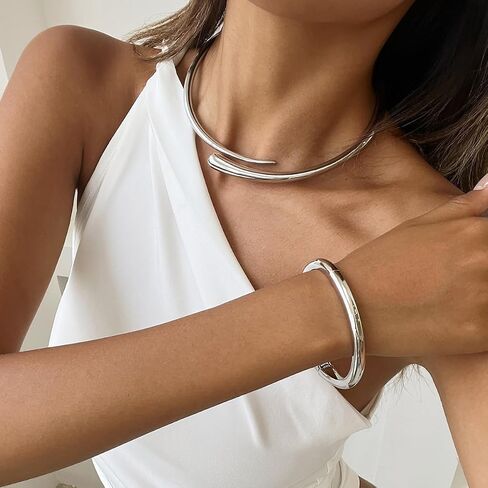 Chunky Gold Choker Necklace for Women With Bracelets, 18K Gold Plated Statement Teardrop Collar Silver Minimalist Fashion Accessories Jewelry Gifts in Kuwait