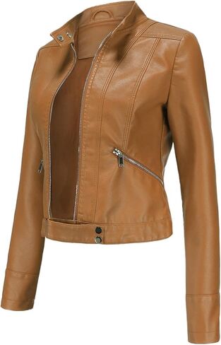 Women's Motorcycle Leather Jacket Short PU Leather Jacket Stylish Streetwear with Practical Pockets (Color : Brown, Size : Large) in Saudi Arabia