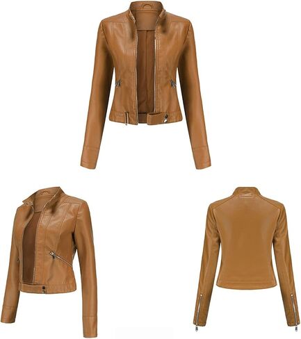Women's Motorcycle Leather Jacket Short PU Leather Jacket Stylish Streetwear with Practical Pockets (Color : Brown, Size : Large) in Saudi Arabia