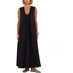 OLAPTA Women Summer Sleeveless Maxi Dress Scoop Neck Ruched Loose Fit Casual Elegant Solid Vacation Long Dress with Pockets in Kuwait