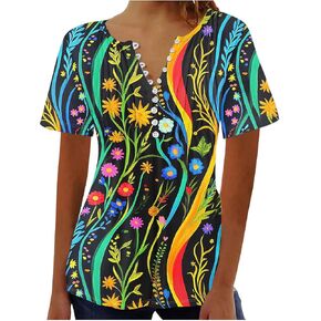Womens Short Sleeve Henley Tops Summer V-Neck Shirts Tunic Casual Loose T-Shirts Floral Dressy Trendy Elegant Blouse in Kuwait