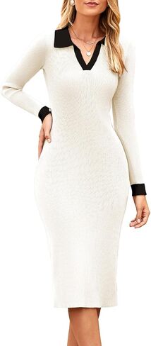 Simplee Womens Long Sleeve Sweater Midi Dress V Neck Casual Slim Fit Bodycon Knit Ribbed Slit Long Dress for Fall Winter in Kuwait