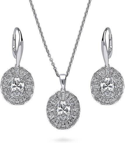 BERRICLE Sterling Silver Halo Oval Cut Cubic Zirconia CZ Vintage Inspired Art Deco Fashion Necklace and Earrings Set for Women, Rhodium Plated in Saudi Arabia
