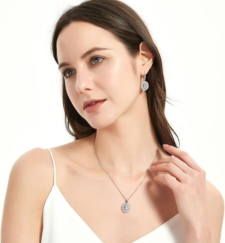 BERRICLE Sterling Silver Halo Oval Cut Cubic Zirconia CZ Vintage Inspired Art Deco Fashion Necklace and Earrings Set for Women, Rhodium Plated in Saudi Arabia