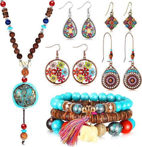 Kigeli Bohemian Retro Dangle Jewelry Set Boho Retro Rhinestone Drop Earrings Multi-layer Beaded Leather Bracelet and Turquoise Bead Necklace Jewelry for Women(Elephant) in Saudi Arabia