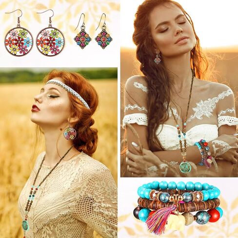 Kigeli Bohemian Retro Dangle Jewelry Set Boho Retro Rhinestone Drop Earrings Multi-layer Beaded Leather Bracelet and Turquoise Bead Necklace Jewelry for Women(Elephant) in Saudi Arabia