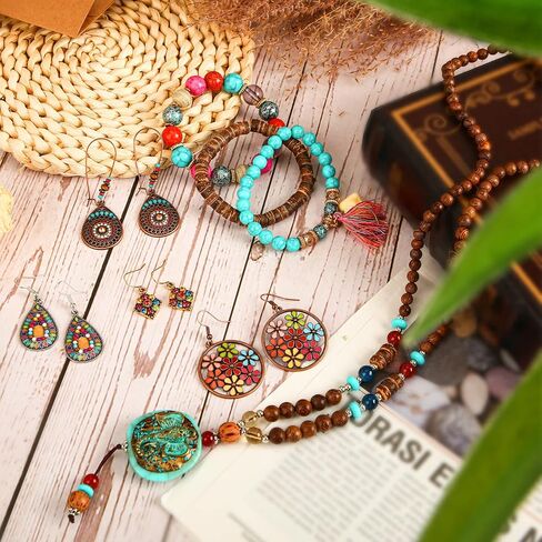 Kigeli Bohemian Retro Dangle Jewelry Set Boho Retro Rhinestone Drop Earrings Multi-layer Beaded Leather Bracelet and Turquoise Bead Necklace Jewelry for Women(Elephant) in Saudi Arabia