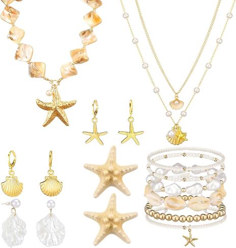 Tondiamo 13 PCS Beach Jewelry for Women مجموعة مجوهرات Starfish Boho تمتد تمتد صدف نجم البحر القلادة سوار مقاطع الشعر شاطئ الأسوار لقضاء العطلات الصيفية. in Saudi Arabia