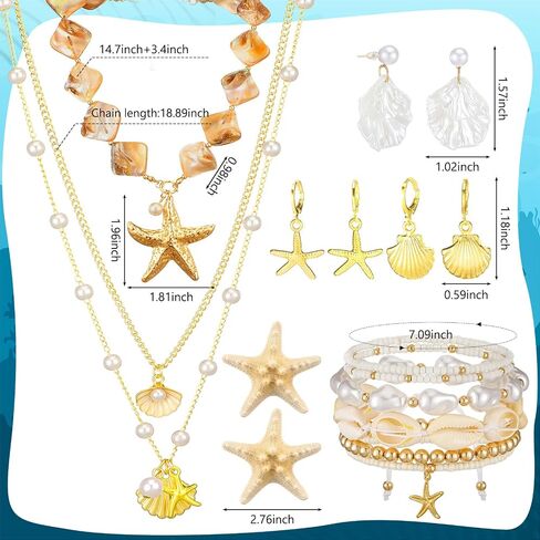 Tondiamo 13 PCS Beach Jewelry for Women مجموعة مجوهرات Starfish Boho تمتد تمتد صدف نجم البحر القلادة سوار مقاطع الشعر شاطئ الأسوار لقضاء العطلات الصيفية. in Saudi Arabia