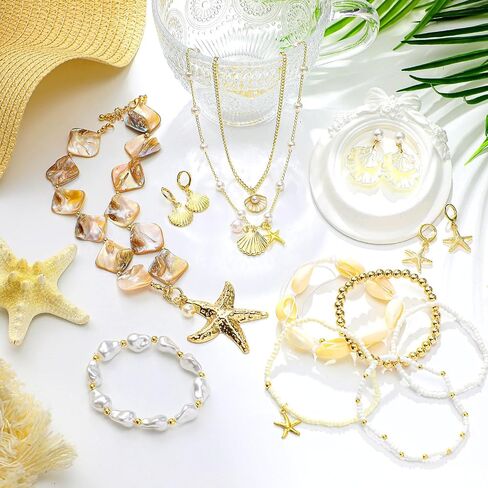 Tondiamo 13 PCS Beach Jewelry for Women مجموعة مجوهرات Starfish Boho تمتد تمتد صدف نجم البحر القلادة سوار مقاطع الشعر شاطئ الأسوار لقضاء العطلات الصيفية. in Saudi Arabia
