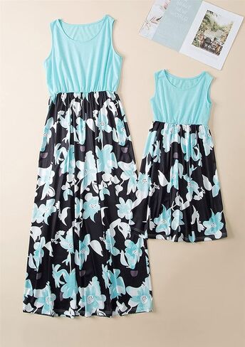 OMZIN Mom and Me Matching Dress Sleeveless Crewneck Maxi Dress Casual Long Dress in Kuwait