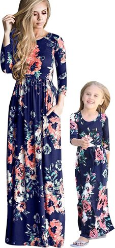 OMZIN Mom and Me Matching Dress Sleeveless Crewneck Maxi Dress Casual Long Dress in Kuwait