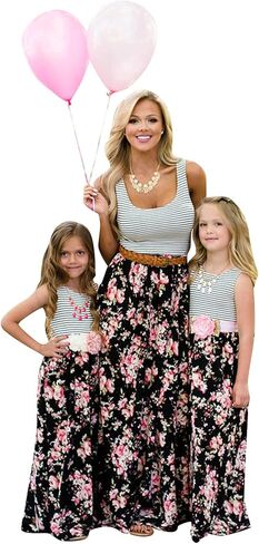 OMZIN Mom and Me Matching Dress Sleeveless Crewneck Maxi Dress Casual Long Dress in Kuwait