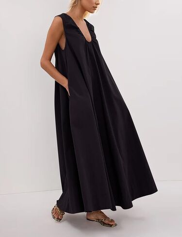 OLAPTA Women Summer Sleeveless Maxi Dress Scoop Neck Ruched Loose Fit Casual Elegant Solid Vacation Long Dress with Pockets in Kuwait