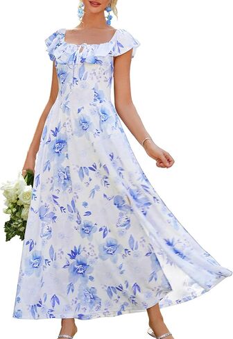 GRACE KARIN 2025 Womens Maxi Dresses Summer Off Shoulder Floral Dress Ruffle Split Beach Flowy Boho Wedding Guest Dress in Kuwait