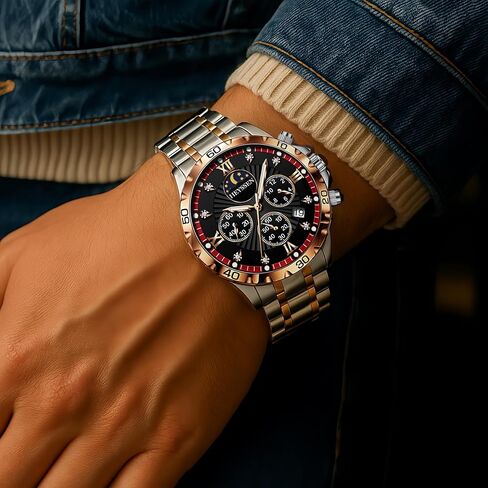 Watches for Men Stainless Steel: Dress Watch for Mens Quartz Analog Wrist Luxury Black Metal Tone Blue Dial Big Classic Diver Waterproof Chronograph Black Face Business Man Gift in Saudi Arabia