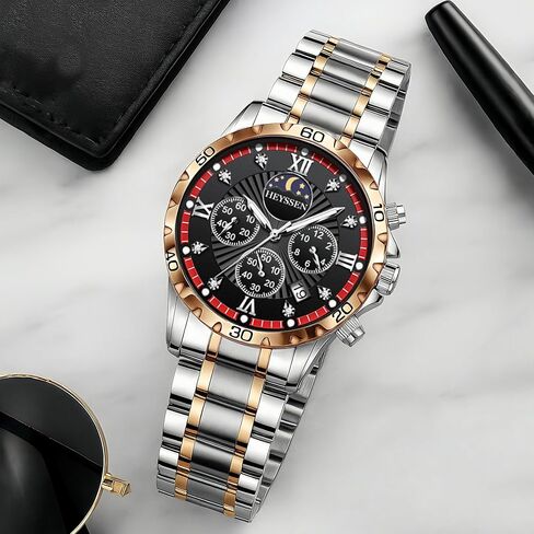 Watches for Men Stainless Steel: Dress Watch for Mens Quartz Analog Wrist Luxury Black Metal Tone Blue Dial Big Classic Diver Waterproof Chronograph Black Face Business Man Gift in Saudi Arabia