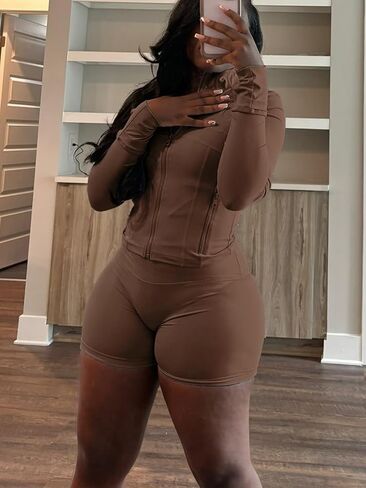 Women Workout 2 Piece Outfits Sets Long Sleeve Zipper Jacket Bodycon Shorts Set Yoga Jogging Sweatsuit in Saudi Arabia