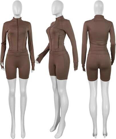 Women Workout 2 Piece Outfits Sets Long Sleeve Zipper Jacket Bodycon Shorts Set Yoga Jogging Sweatsuit in Saudi Arabia