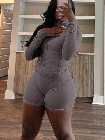 Women Workout 2 Piece Outfits Sets Long Sleeve Zipper Jacket Bodycon Shorts Set Yoga Jogging Sweatsuit in Saudi Arabia