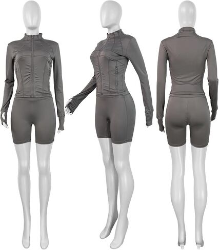 Women Workout 2 Piece Outfits Sets Long Sleeve Zipper Jacket Bodycon Shorts Set Yoga Jogging Sweatsuit in Saudi Arabia