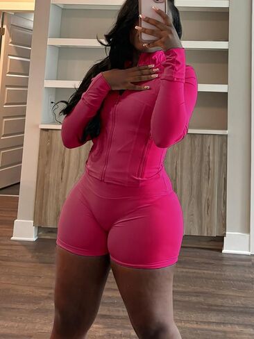 Women Workout 2 Piece Outfits Sets Long Sleeve Zipper Jacket Bodycon Shorts Set Yoga Jogging Sweatsuit in Saudi Arabia