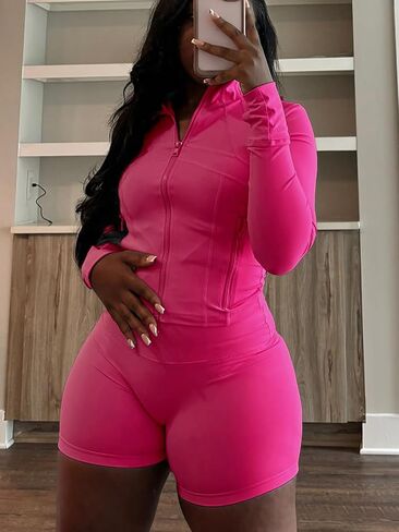 Women Workout 2 Piece Outfits Sets Long Sleeve Zipper Jacket Bodycon Shorts Set Yoga Jogging Sweatsuit in Saudi Arabia