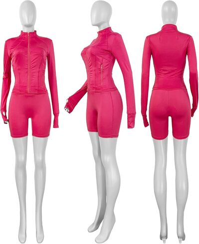Women Workout 2 Piece Outfits Sets Long Sleeve Zipper Jacket Bodycon Shorts Set Yoga Jogging Sweatsuit in Saudi Arabia