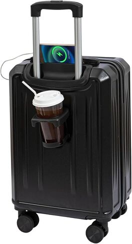 Carry On Luggage with Cup Phone Holder and Charger Hard ABS Shell Suitcases with 4 Double Spinner Wheels,Blue 20inch in Saudi Arabia