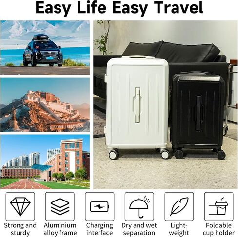 Carry On Luggage with Cup Phone Holder and Charger Hard ABS Shell Suitcases with 4 Double Spinner Wheels,Blue 20inch in Saudi Arabia