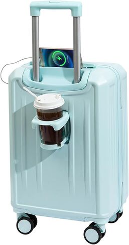 Carry On Luggage with Cup Phone Holder and Charger Hard ABS Shell Suitcases with 4 Double Spinner Wheels,Blue 20inch in Saudi Arabia