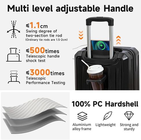 Carry On Luggage with Cup Phone Holder and Charger Hard ABS Shell Suitcases with 4 Double Spinner Wheels,Blue 20inch in Saudi Arabia