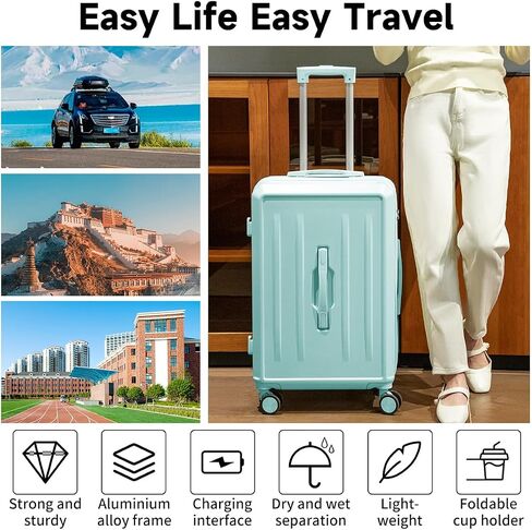 Carry On Luggage with Cup Phone Holder and Charger Hard ABS Shell Suitcases with 4 Double Spinner Wheels,Blue 20inch in Saudi Arabia