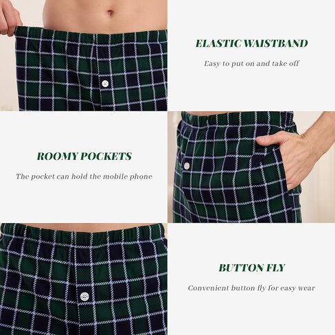 Vulcanodon Mens Fleece Plaid Pajama Pant, Soft Lightweight Lounge Sleep Bottoms with Pockets and Button Fly in Saudi Arabia