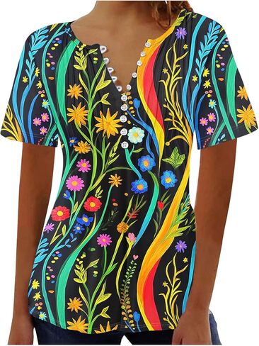Womens Short Sleeve Henley Tops Summer V-Neck Shirts Tunic Casual Loose T-Shirts Floral Dressy Trendy Elegant Blouse in Kuwait