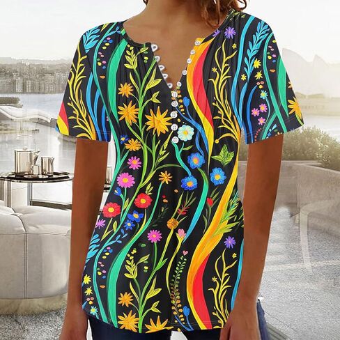 Womens Short Sleeve Henley Tops Summer V-Neck Shirts Tunic Casual Loose T-Shirts Floral Dressy Trendy Elegant Blouse in Kuwait
