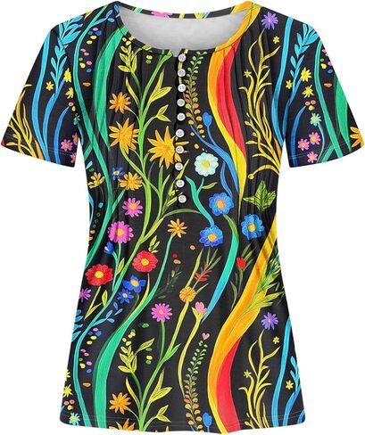 Womens Short Sleeve Henley Tops Summer V-Neck Shirts Tunic Casual Loose T-Shirts Floral Dressy Trendy Elegant Blouse in Kuwait