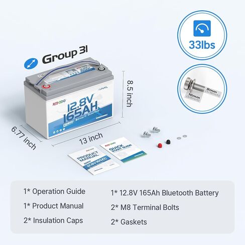 Redodo 12V 165Ah LiFePO4 Battery with Bluetooth, 165A BMS, 2112Wh, Group 31 Lithium Battery with 1.65X Longer Lasting, Perfect for RV, Marine, Solar in Kuwait